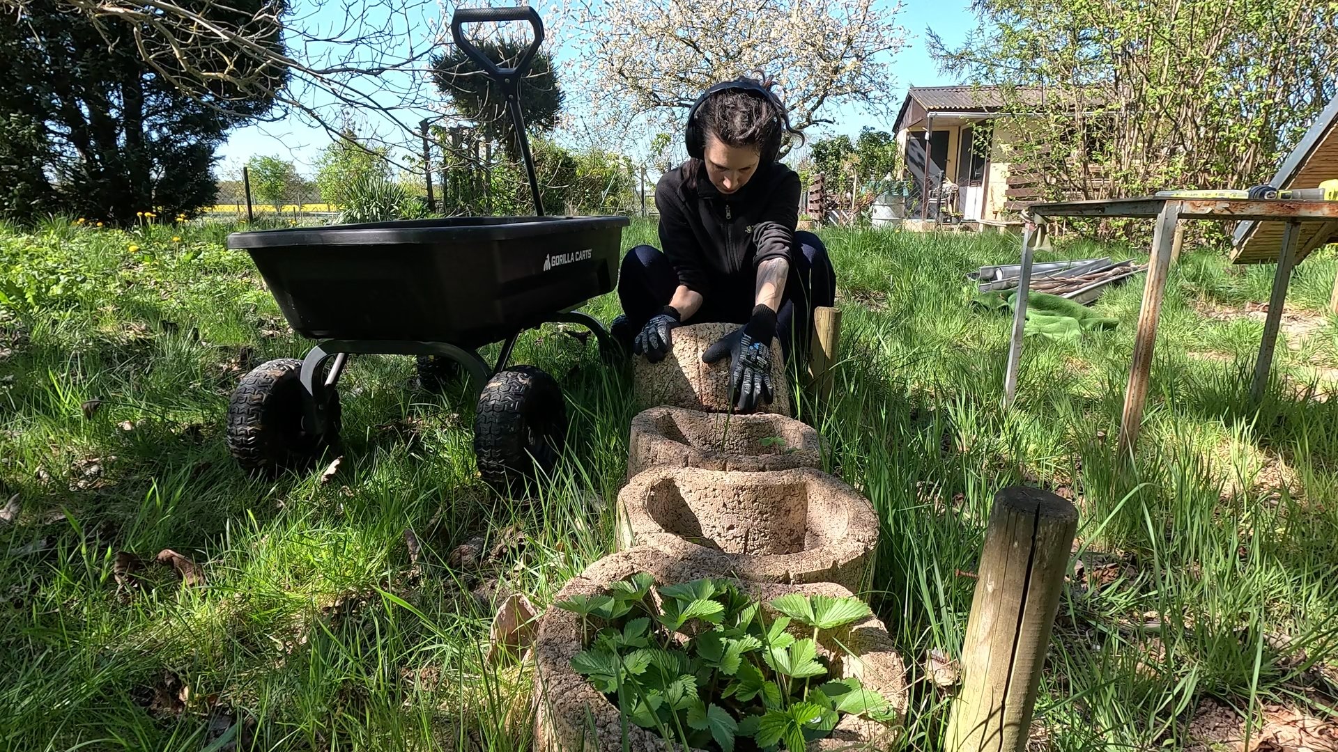 Kate sitzt an einem Holztisch und schneidet einen Kohl. Im Hintergrund ist ihr kleiner Hund Pepper zu sehen, der auf fallende Leckereien hofft.