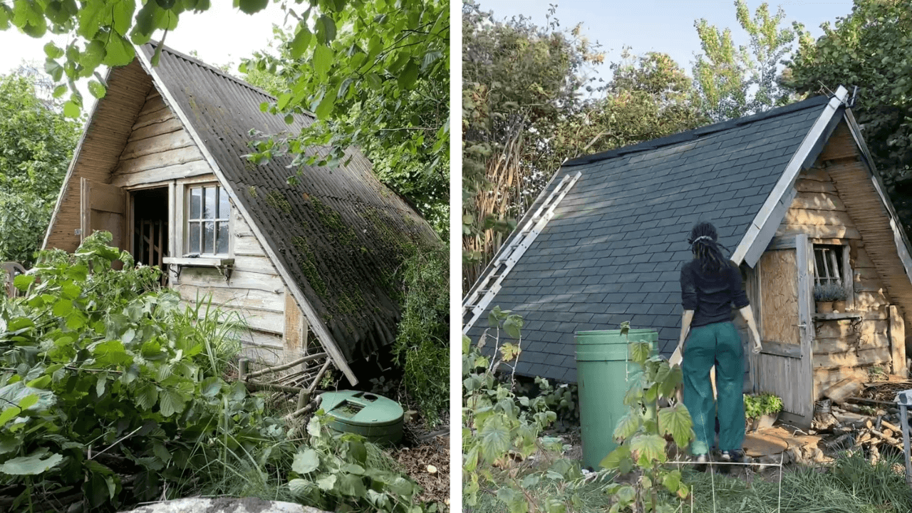 Two images next to each other, both showing the same garden house. On the left, the roof is covered in moss, greenery grows onto and around the garden house. On the right, Kate is jumping up and down in front of the finished roof with green butumen tiles.