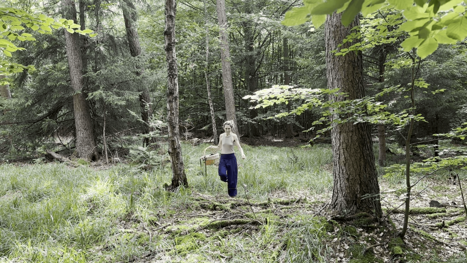 Kate walks through a forest with a basket in one hand. There are large trees with greenery growing between them.