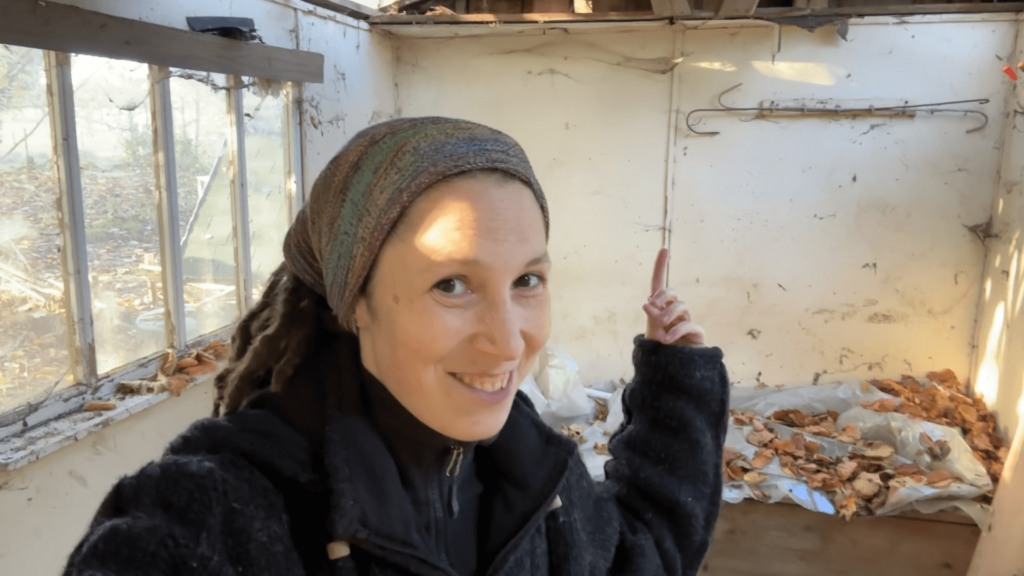 Kate points at the barely-there roof of the second hut. Behind her, leaves and a tarp lie on a wooden bench. Sun shines through the roof.