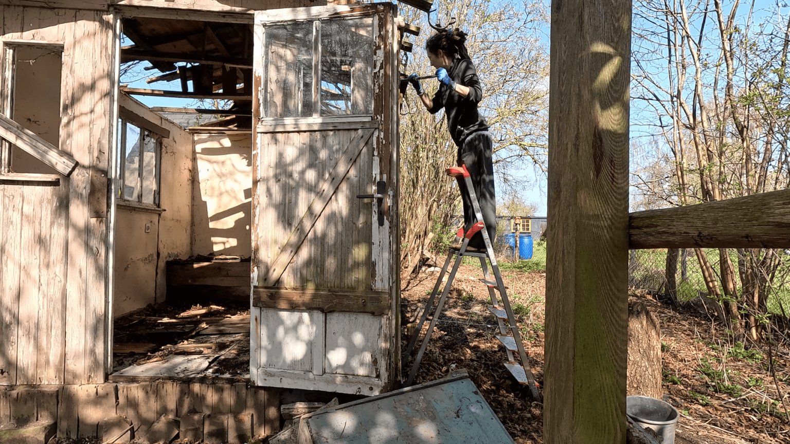 Kate stands on a ladder with a crowbar next to a very damaged garden shed. Every part of the garden house is damaged and worn.